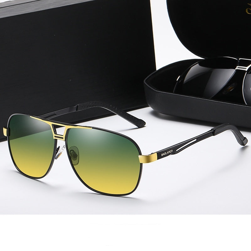 Polarized sunglasses with yellow-green mirrored lenses and gold frame
