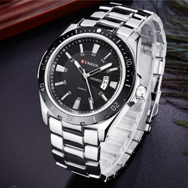 Men's casual quartz watch with black dial and silver steel band, date window