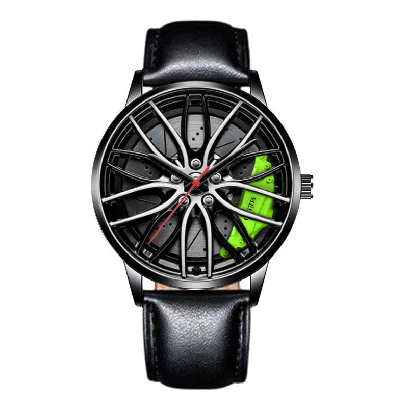 Men’s quartz wristwatch with black leather strap; racing wheel dial with green accents