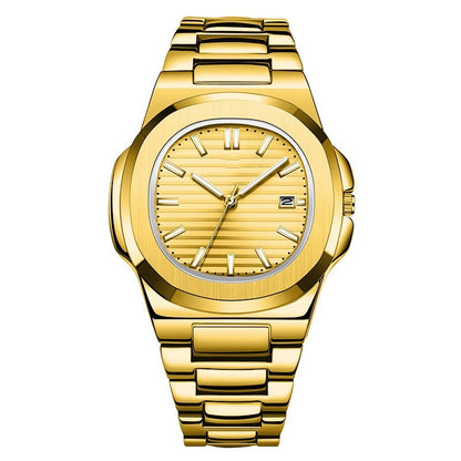 Gold wristwatch with a white face on a white background