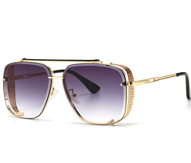 Oversized square sunglasses with purple lenses and gold-tone frame