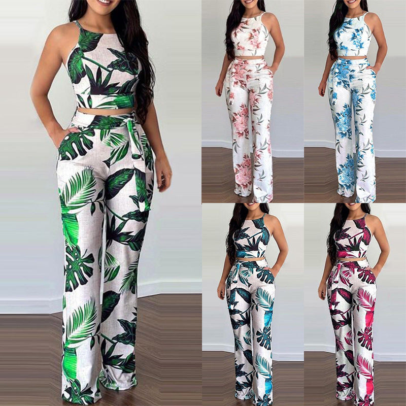 Two-piece Cropped Printed Vest High-waisted Wide-leg Pants