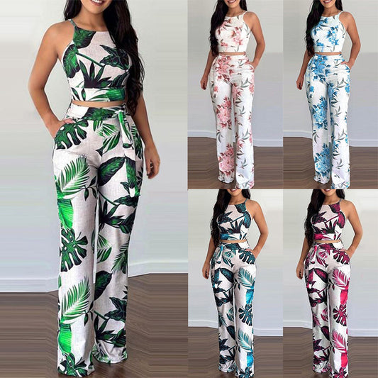 Two-piece Cropped Printed Vest High-waisted Wide-leg Pants