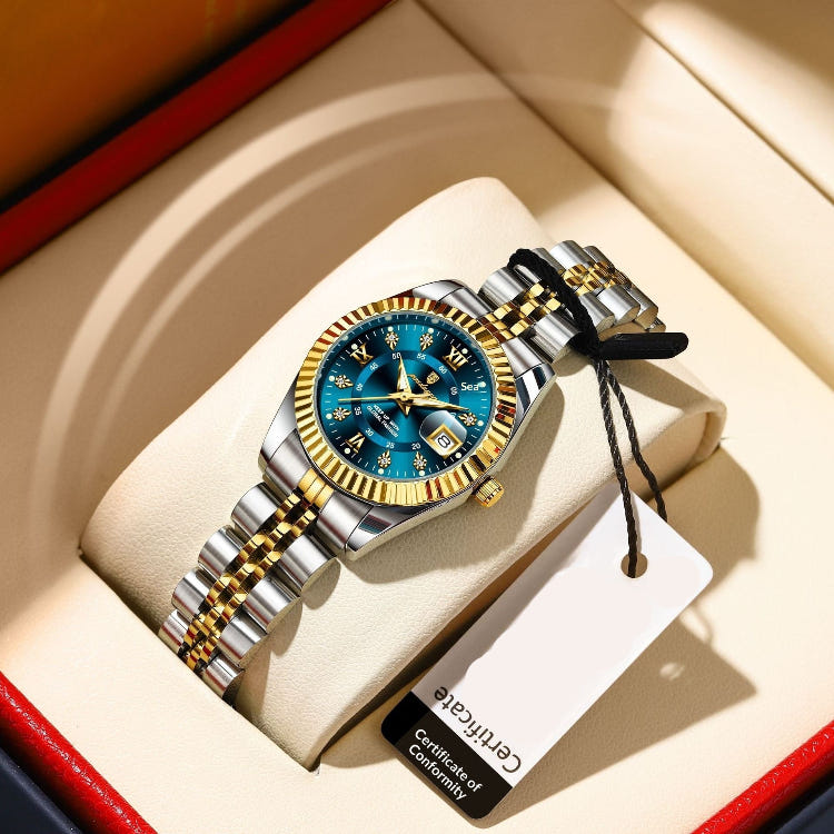Women's quartz wristwatch with blue dial and two-tone stainless bracelet