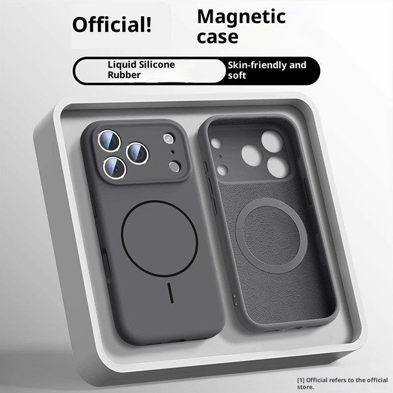 Gray magnetic phone case with text on a white background