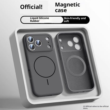 Gray magnetic phone case with text on a white background