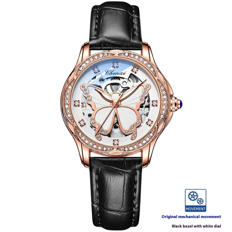 Women's diamond bezel butterfly dial watch with black leather strap and rose gold case