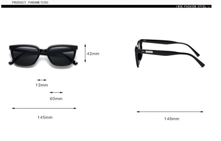 Women's retro small frame sunglasses with black frame and black lenses, measurements shown