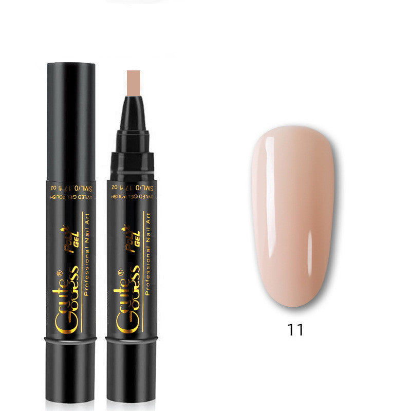 Nail glue pen with nude cap and beige gel swatch labeled 11