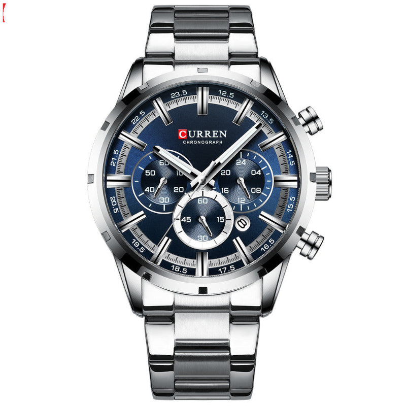 Men's business quartz watch with blue dial accents and silver metal bracelet