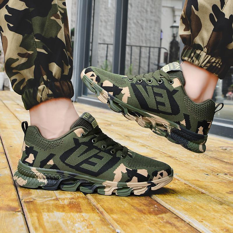 Camouflage mesh lace-up sneakers with geometric print and thick tread sole