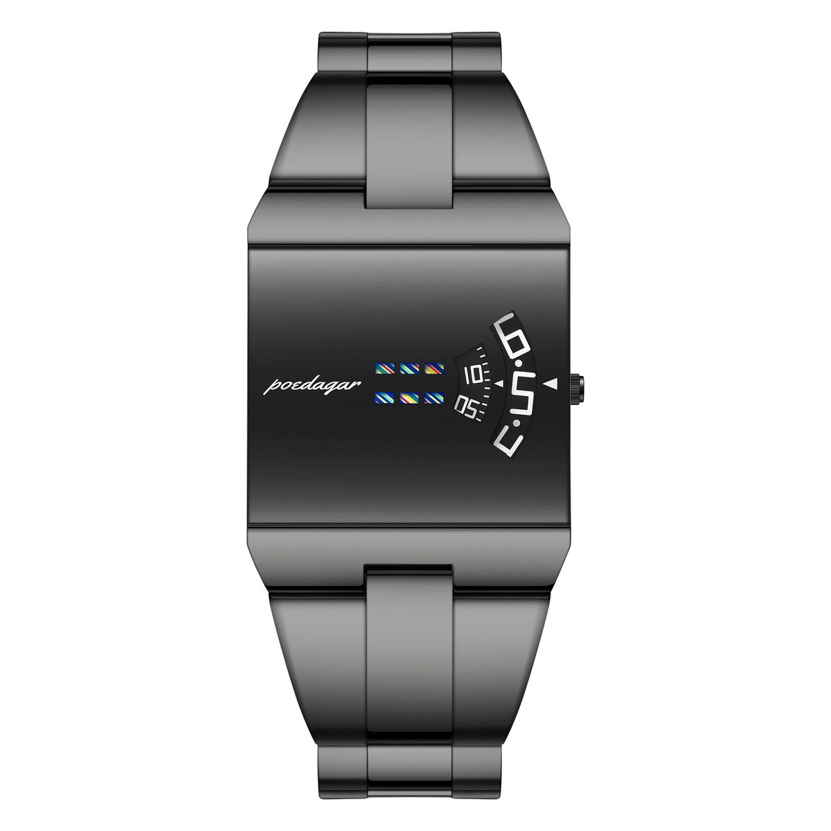 Ultra-thin quartz watch with black case, black dial, blue digital markers