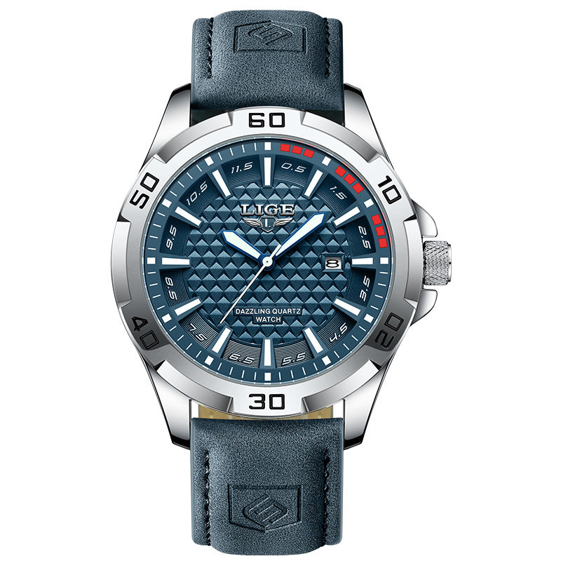 Men's quartz wristwatch with blue textured dial, yellow hands, and blue leather strap