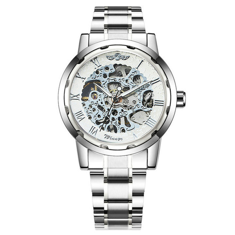 Mechanical wristwatch with stainless steel bracelet, silver skeleton dial, Roman numerals