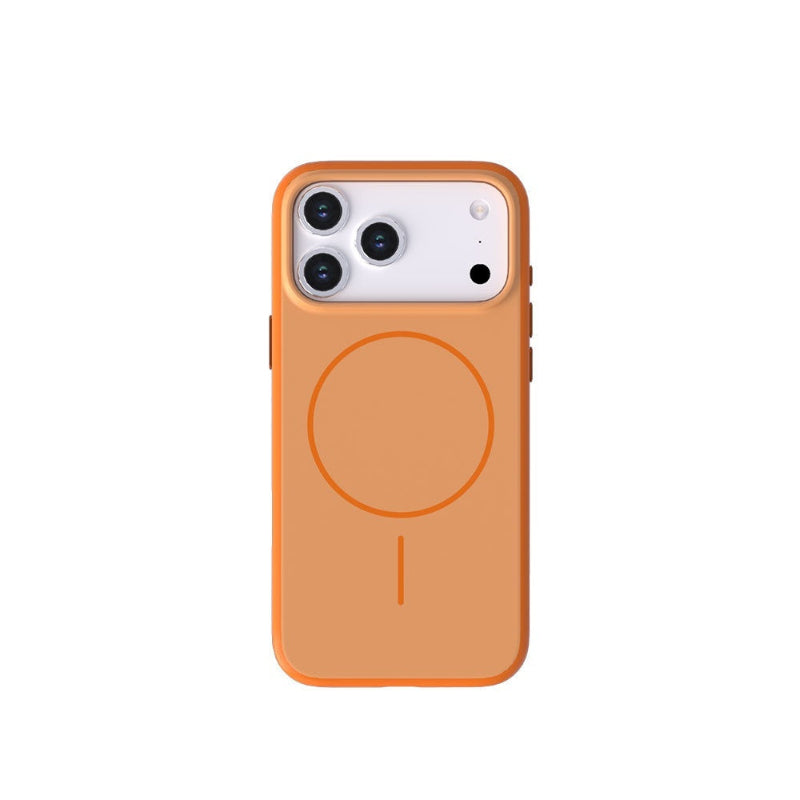 Orange phone case with Apple logo on a white background