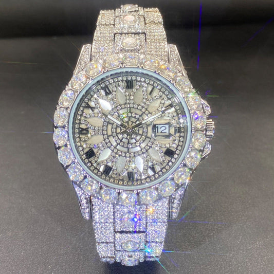 Luxury diamond-encrusted watch on a dark background