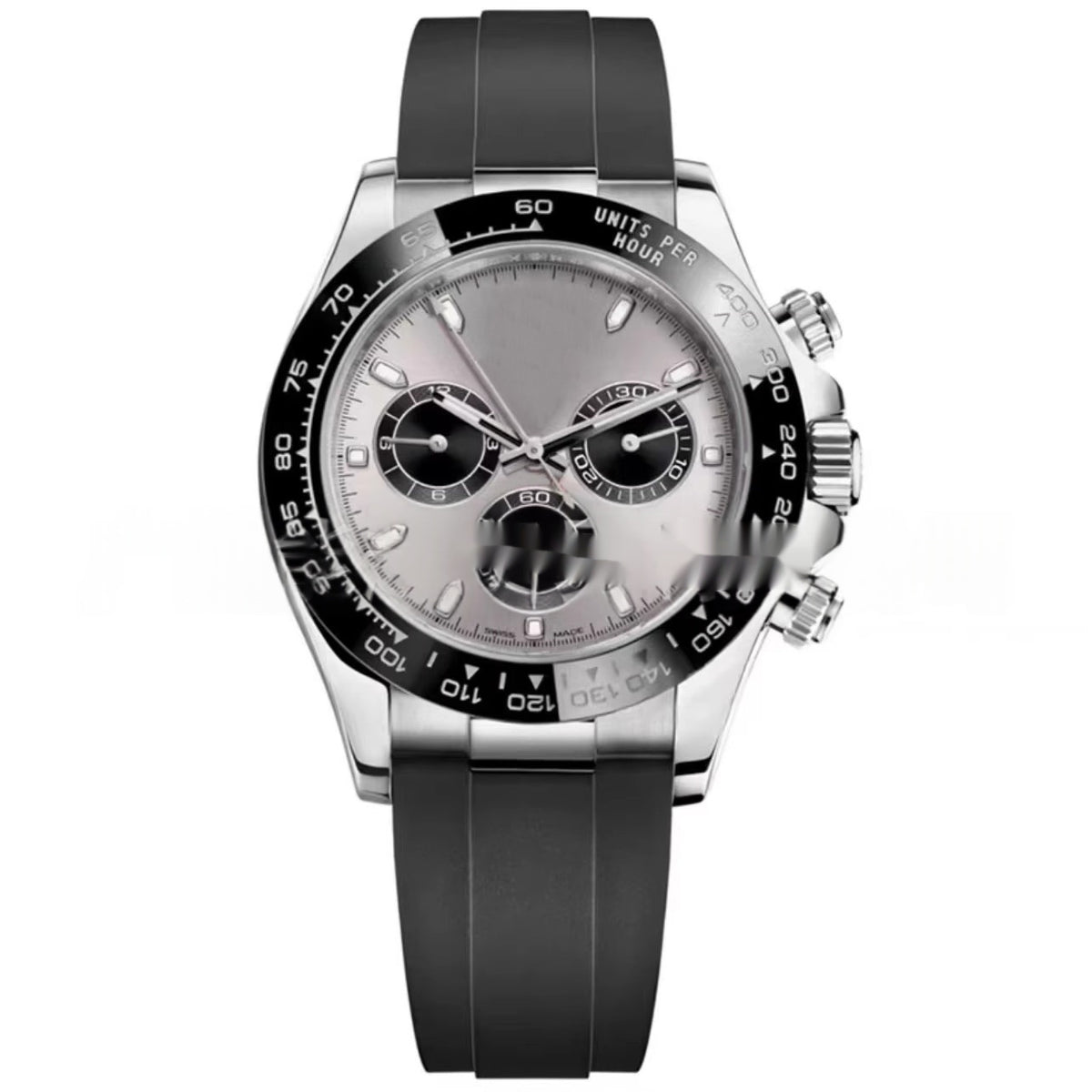 Mechanical wristwatch on black rubber strap, steel case; light dial with 3 subdials