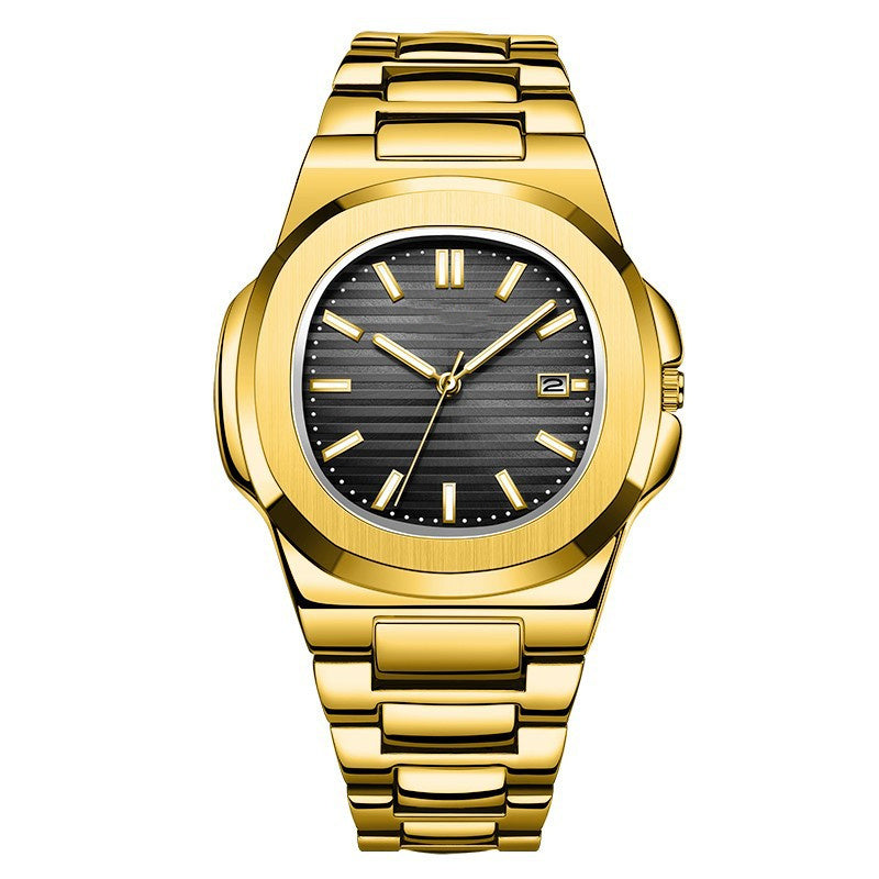 Gold wristwatch with a black dial on a white background