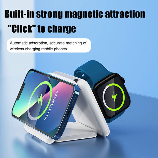 3-in-1 folding magnetic wireless charger stand with white base and black charging pads