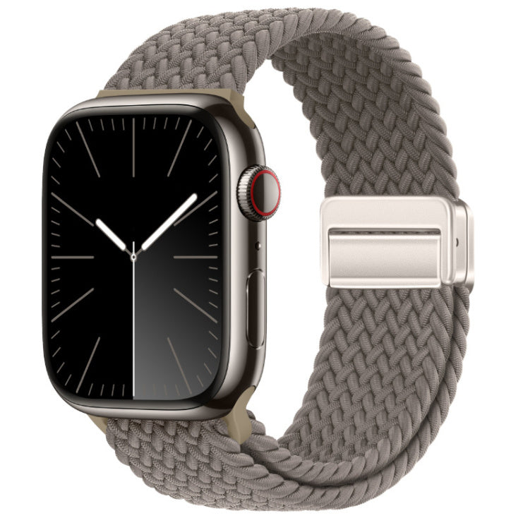 Smartwatch with a braided gray band on a white background