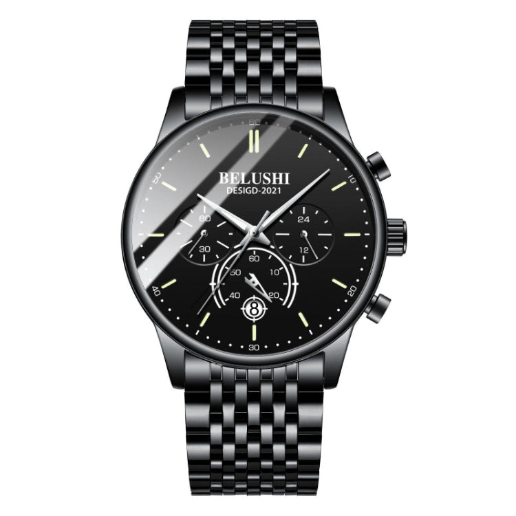Men's black quartz watch with yellow accent dial and stainless steel bracelet.