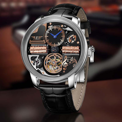 Luxury watch with intricate mechanical design on a dark background
