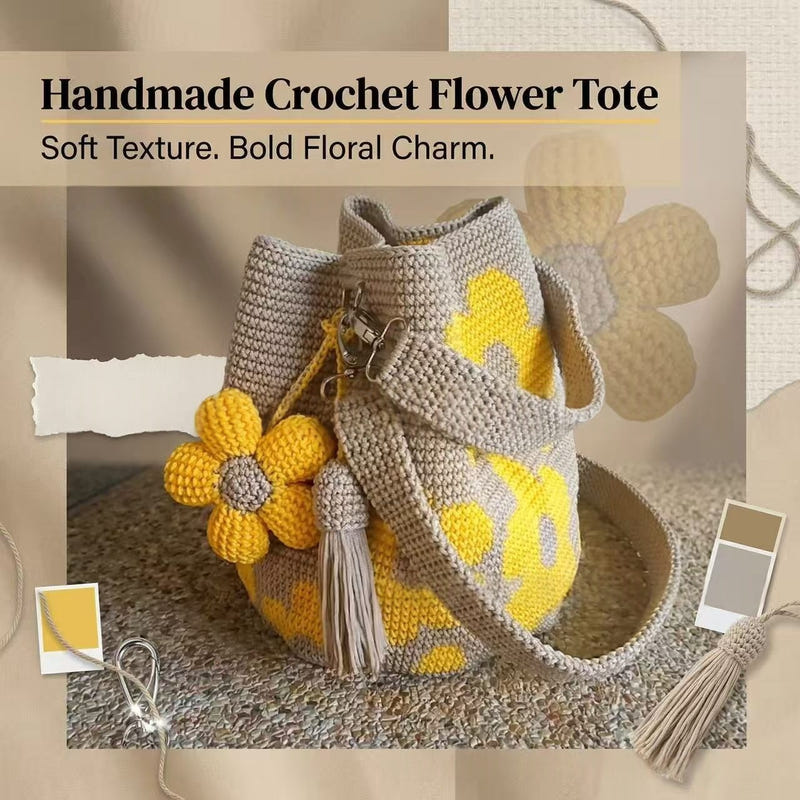 Hand-crocheted tote bag with yellow flower appliques and long fringe tassel