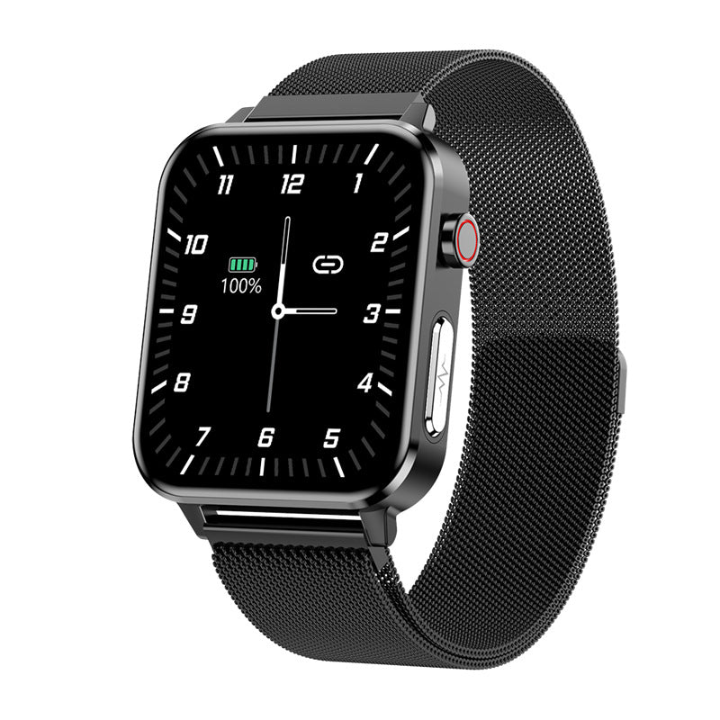 Black mesh sports smartwatch with black analog-style face and metal watch case.