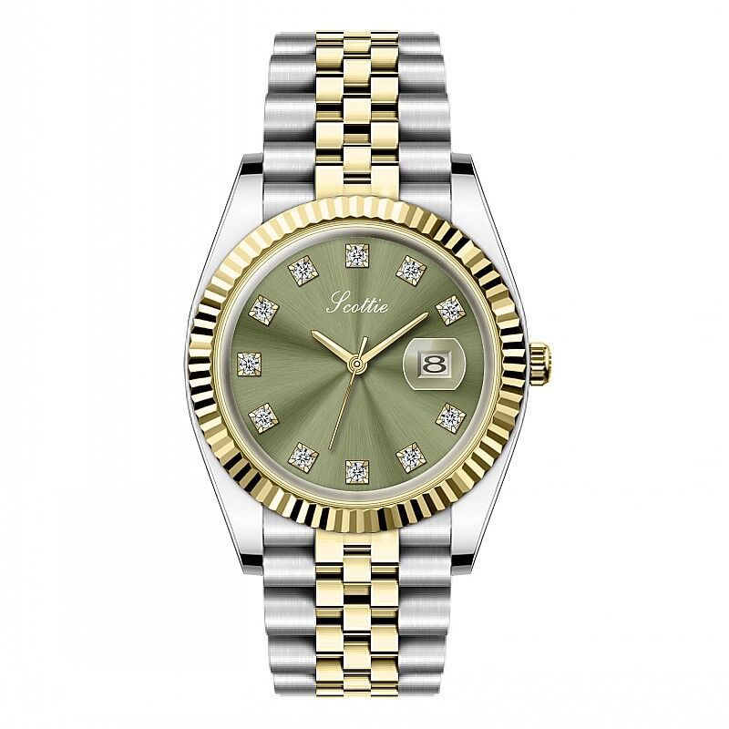 Women’s steel quartz watch with green dial, crystal markers, and two-tone link bracelet