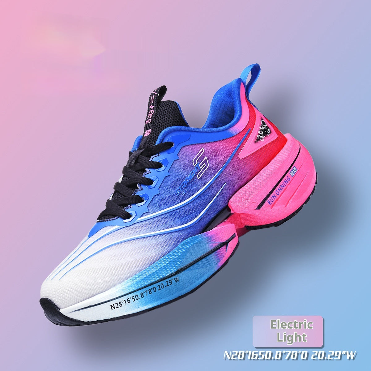 Boys racing sneaker, blue and pink upper with white midsole and black lace trim