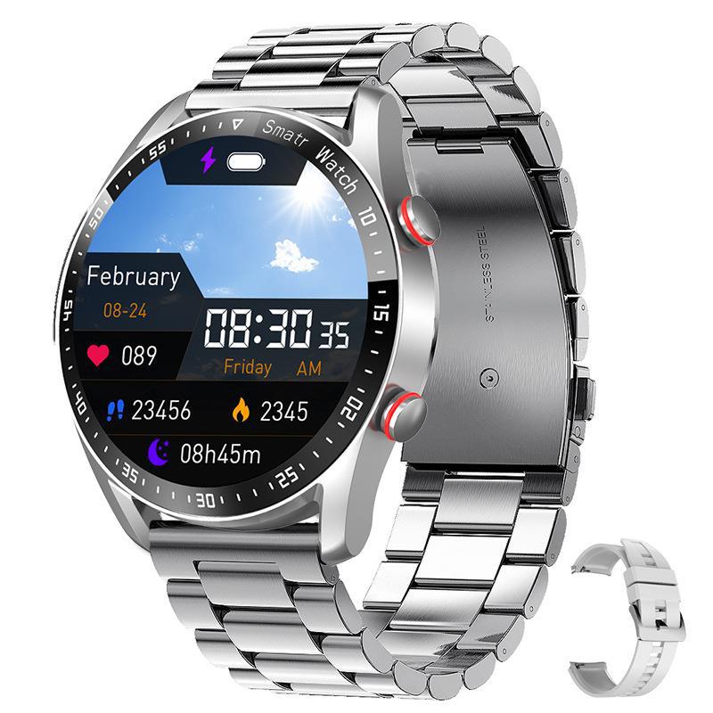Silver smartwatch with digital display on a white background
