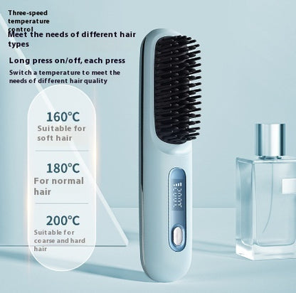 Hair styling tool with temperature settings displayed on a light blue background