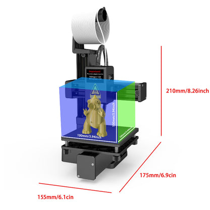 3D printer with a printed object and dimensions indicated on a white background