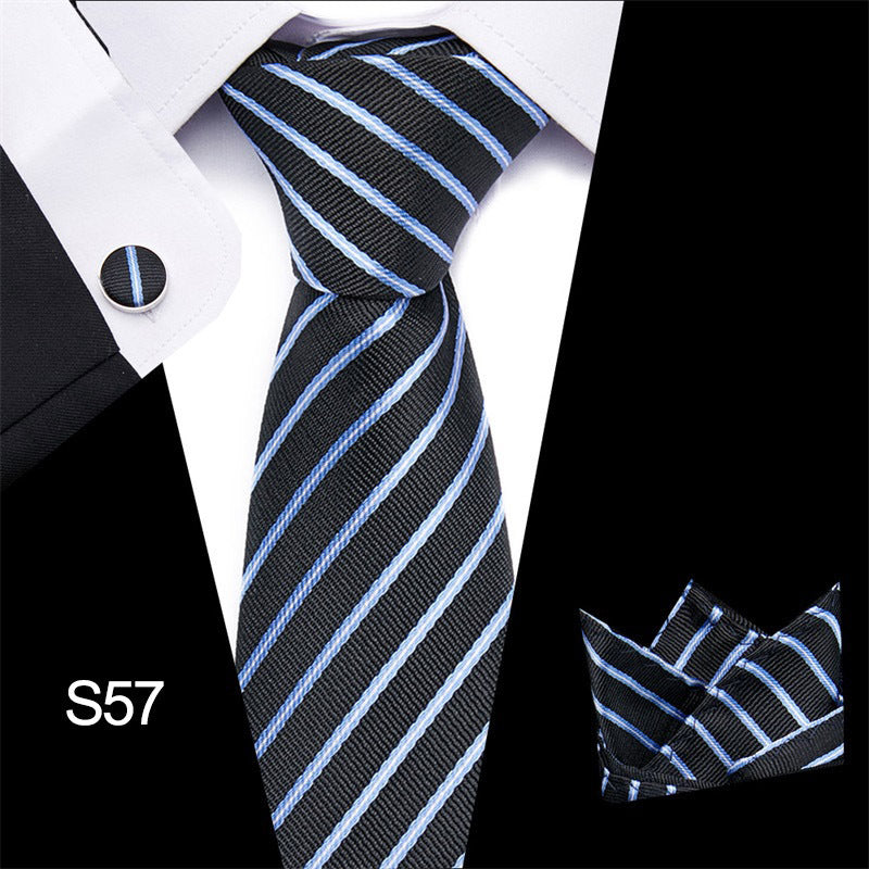 Men's business tie in black with light blue and white diagonal stripe pattern