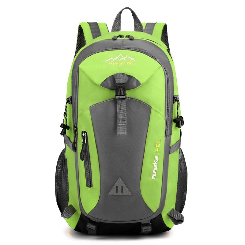 Outdoor polyester backpack in neon green and charcoal gray with padded straps and front zip.
