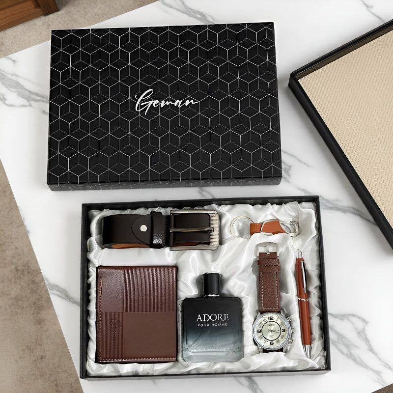 Men's gift set with wallet, belt, watch, pen, cologne, and keychain