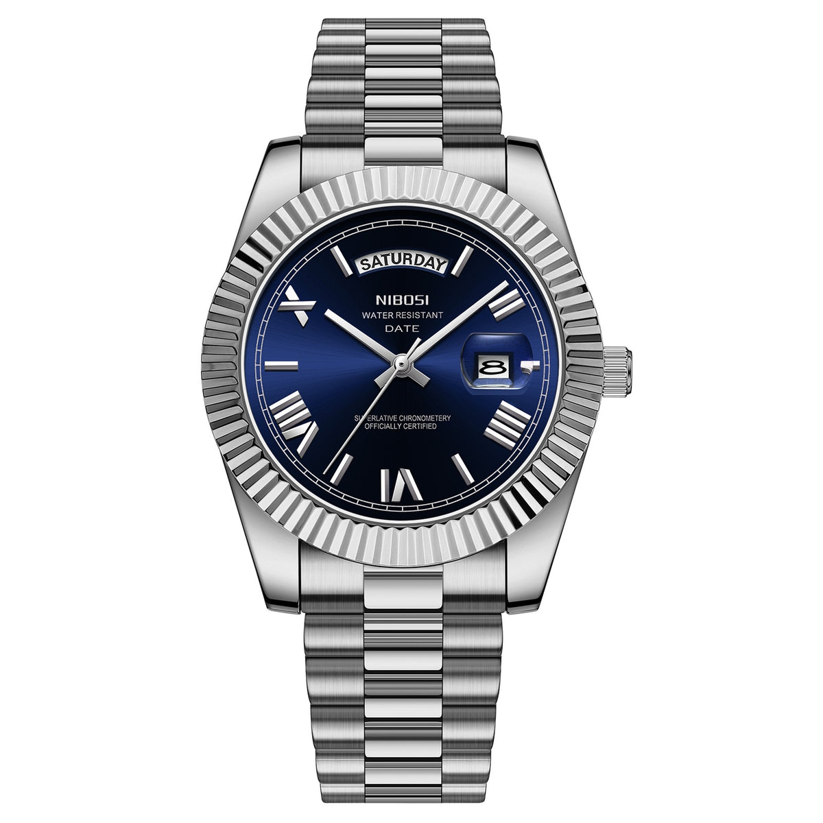 Men's quartz watch with silver steel bracelet, blue dial, gold hands and day-date window