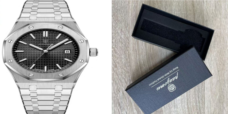 Silver quartz wristwatch with black dial and metal link bracelet, round bezel details.