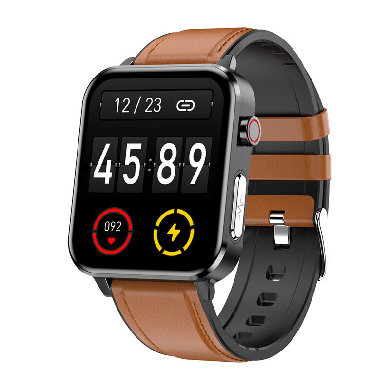 Brown leather sports smartwatch with black screen and metal watch case.