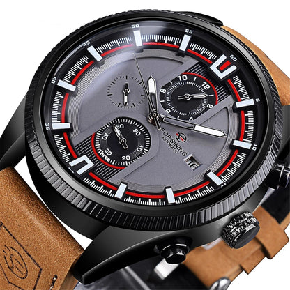 Wristwatch with a detailed face and brown leather strap on a white background