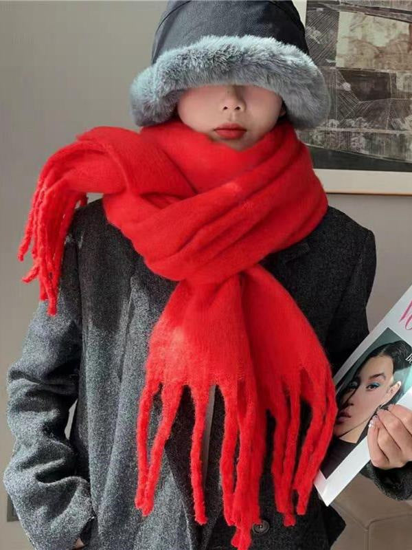 Women's wool-like scarf, bright red with long fringed ends