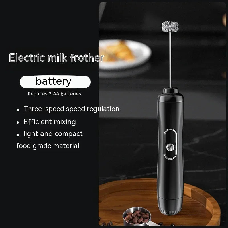 Black electric milk frother with whisk head, battery powered for milk froth