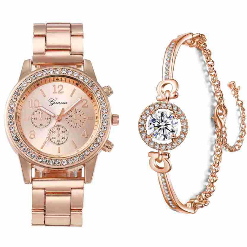 Rose gold watch and bracelet set on a white background