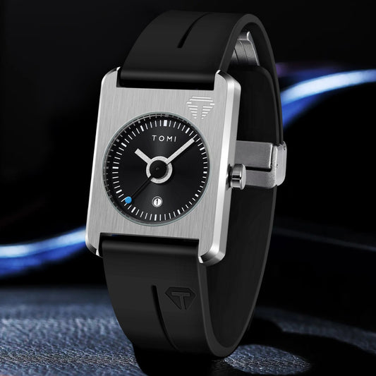 Unisex square quartz watch with calendar, black dial and silver case, black silicone strap