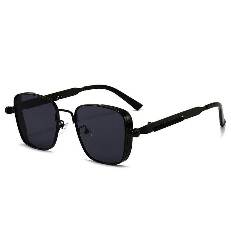 Black square sunglasses with dark lenses and minimalist metal hinge details