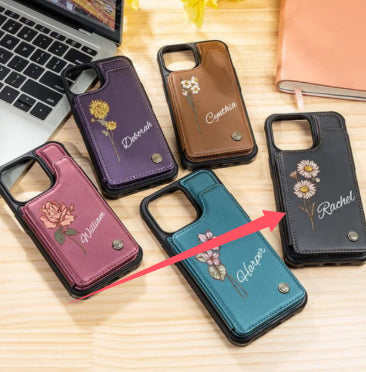 Teal floral phone case with camera cutout, metal button, and stitched edge.