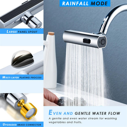 Shower head with rainfall mode feature and detailed specifications.