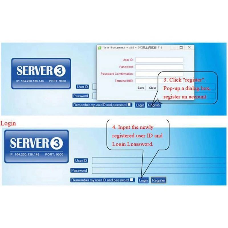Login screen for Server 3 with user ID, password, and register options.