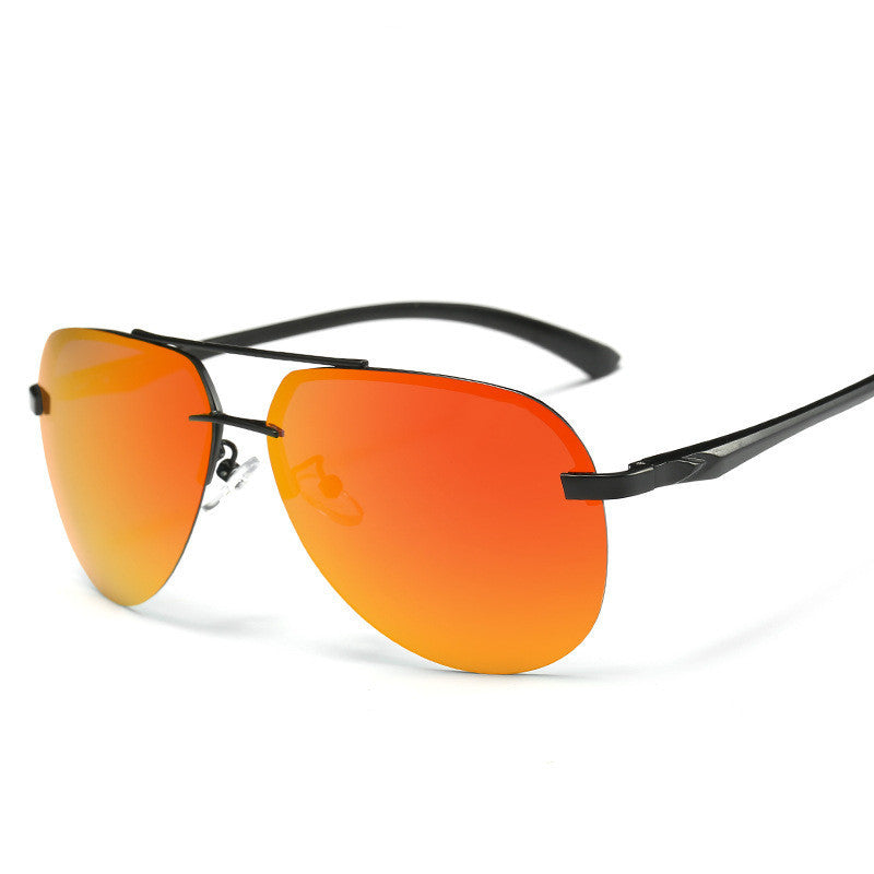 Sunglasses with orange lenses and black frames on a white background