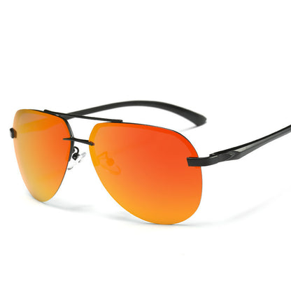 Sunglasses with orange lenses and black frames on a white background
